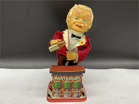VINTAGE BATTERY OPERATED TIN TOY BARTENDER (11.5” TALL)