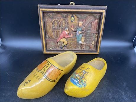 WOODEN CLOG SHOES (Different sizes) & WEST GERMAN WOOD PICTURE