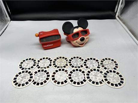 2 VINTAGE VIEW-MASTERS W/ 12 REELS (MICKEY MOUSE - GOOFY & OTHERS)