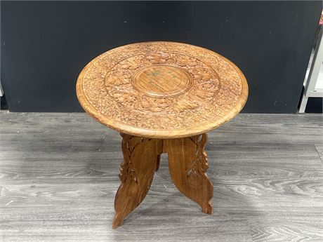 VINTAGE CARVED FOLDING SIDE TABLE 19” TALL 18” DIAM