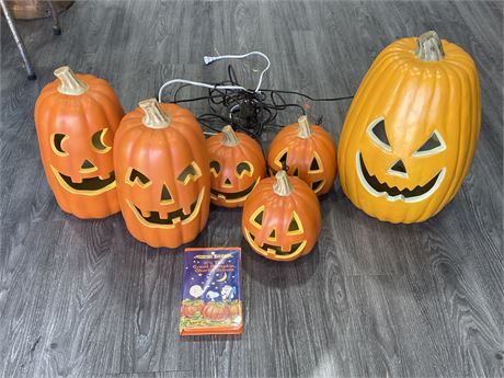 6 LIGHT UP PUMPKINS - VERY HARD PLASTIC + CHARLIE BROWN CLASSIC VHS TAPE