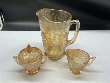 1950s JEANETTE GLASS FLORAGOLD LOUISA PITCHER & CARNIVAL GLASS CREAM / SUGAR