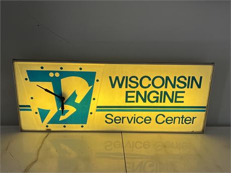 VINTAGE WISCONSIN ENGINE SERVICE CENTER CLOCK - LIGHTS UP & WORKING - 37”x15”x5”