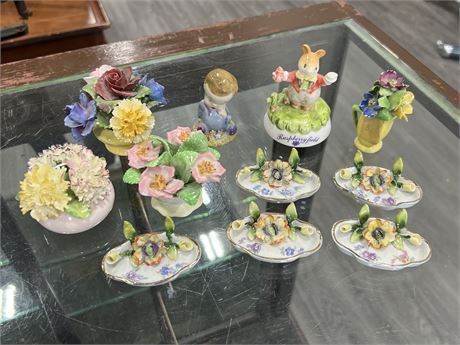 LOT OF MISC EARLY PORCELAIN FIGURES, FLOWERS, ETC