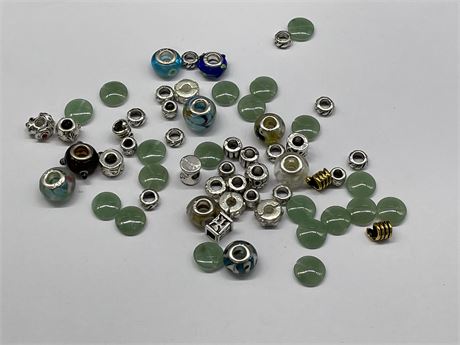LOT OF 40+ PANDORA STYLE BEADS WITH SOME JADE BEADS