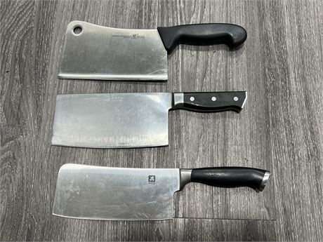 3 PROFESSIONAL MEAT CLEAVERS INCLUDING “HENCKELS”