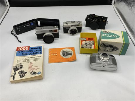 LOT OF 5 VINTAGE CAMERAS, ONE BOXED W/ORIGINAL MANUAL - VINTAGE PHOTOGRAPHY BOOK