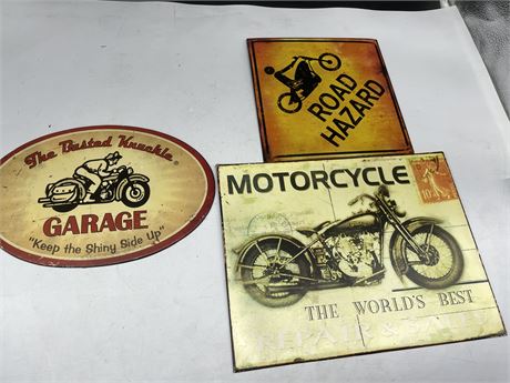 3 MOTORCYCLE SIGNS LARGEST 12”x9”