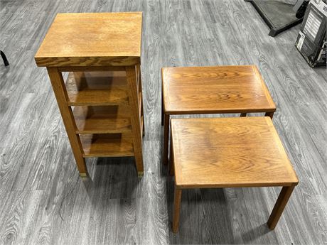 3 TIER WOOD STAND (31” tall) & 2 NESTING TABLES
