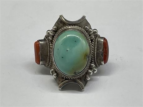 HUGE MCM NAVAJO 925 STERLINV SILVER TURQUOISE / CORAL RING SIZE 12