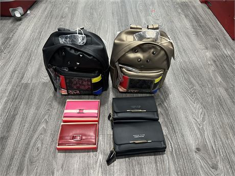 2 NEW BACKPACKS + 4 NEW WOMENS WALLETS / CLUTCHES
