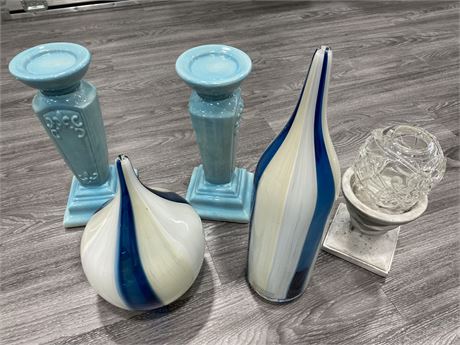 2 HANDBLOWN GLASS PIECES, CANDLE HOLDERS & GINGER JAR (12-18” tall)