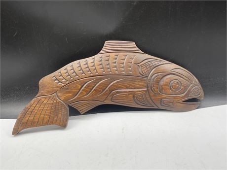 INDIGENOUS CARVED WOOD SALMON BY L.WILSON 16”