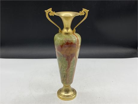LARGE VINTAGE FRENCH STYLE MARBLE VASE W/GOLD METAL HANDLES (12”)