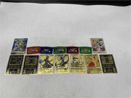 5 REPRODUCTION POKÉMON GBA GAMES & 9 METAL REPRODUCTION POKÉMON CARDS