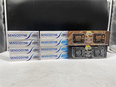 (SEALED) 8 SENSODYNE TOOTHPASTE & 2 AXE FACE AND BODY SOAP VALUE PACKS