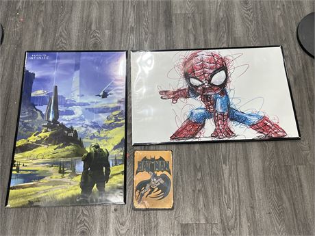 HALO / SPIDER-MAN POSTERS & BATMAN TIN SIGN (Posters are 22.5”x34”)