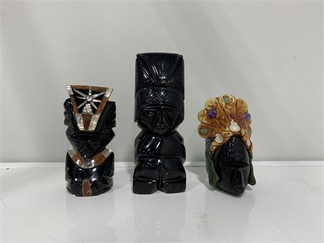 3 OBSEDIAN STONE CARVED ASZTEC FIGURINES