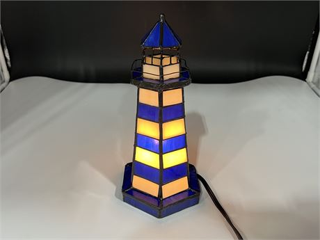 STAINED GLASS LIGHTHOUSE LAMP - WORKS (10.5” tall)