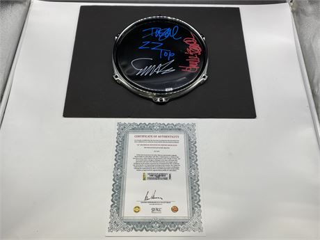 ZZ TOP AUTOGRAPHED DRUMHEAD MOUNTED IN CHROME HOOP W/COA (20”X15”)