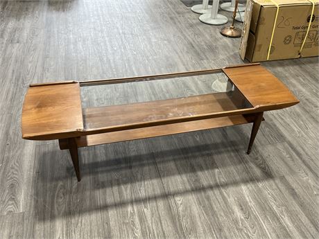MID CENTURY 2 TIER COFFEE TABLE W/REMOVABLE GLASS PIECE (60” long, 15” tall)