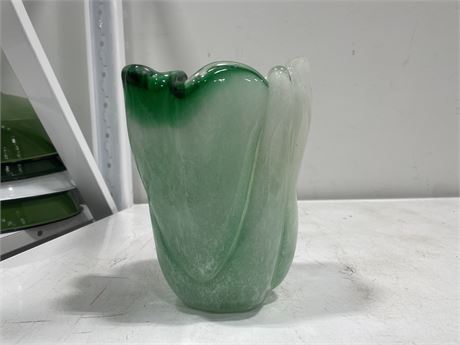 GREEN/WHITE ART GLASS VASE 9”