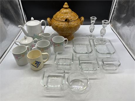 MADE IN JAPAN TEA SET, GLASS DISHES, CRYSTAL CANDLE STICKS, ETC