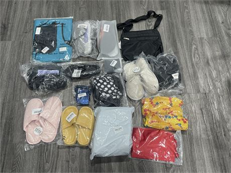LOT OF MISC AMAZON SLIPPERS, CLOTHES, ECT