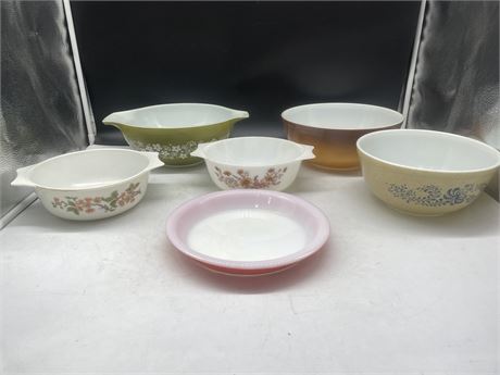 RARE PINK PYREX PIE PLATE + 5 PYREX BOWLS ALL SIGNED