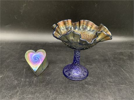VINTAGE CARNIVAL GLASS FLUTED DISK & PAPERWEIGHT