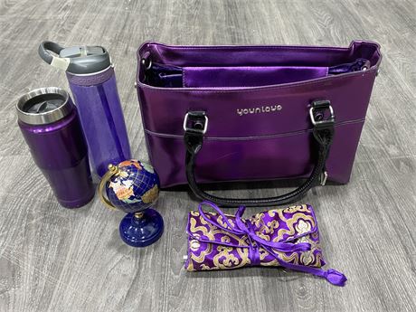 YOUNIQUE PURPLE PURSE (14”X9”), MAKEUP BAG, WATER BOTTLE, THERMOS & SMALL GLOBE