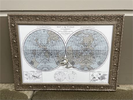 MAP OF THE WORLD IN HEMISPHERES W/HEAVY RUSTIC FRAME (42”x32”)