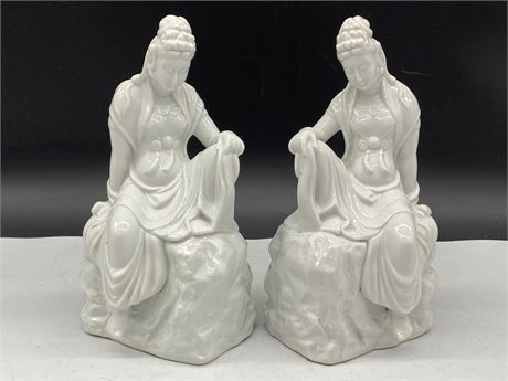 VINTAGE CHINESE WHITE PORCELAIN LADY FIGURINES (9” TALL)