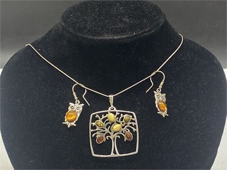 925 STERLING BALTIC AMBER TREE OF LIFE NECKLACE (18”) & OWL EARRINGS