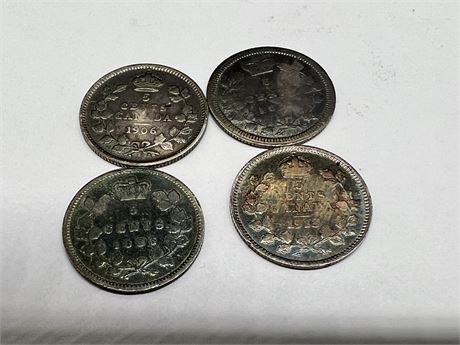 4 ANTIQUE SILVER CDN 5 CENT COINS - 2 DATED LATE 1800s