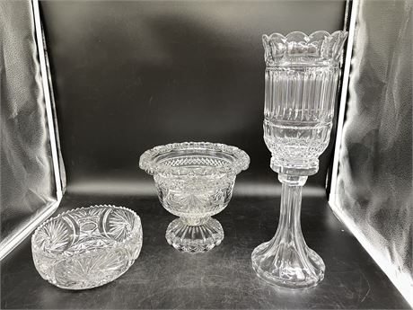 3 LARGE PIECES OF FANCY CRYSTAL (18” TALL / 9” TALL / 4” TALL)