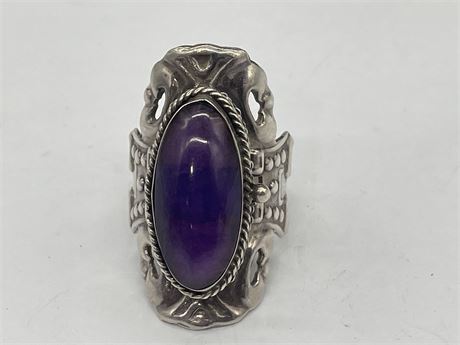 LARGE + UNUSUAL STERLING + AMETHYST POISON RING SIZE 11.5