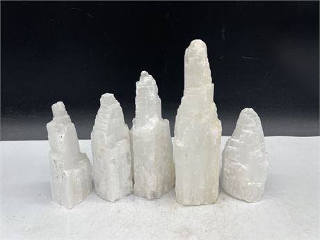 5 SELENITE TOWERS - LARGEST IS 9” TALL
