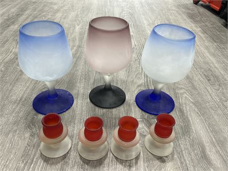 LOT OF VINTAGE FROSTED GLASS - 3 LARGE CUPS & 4 CANDLE HOLDERS