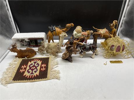 VINTAGE LEATHER, FUR, BRASS, WOOD CAMELS, CARRIAGE, WIZARD, ETC