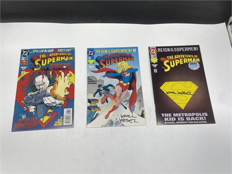3 KARL KESEL SIGNED SUPERMAN COMICS (NO COA’S)
