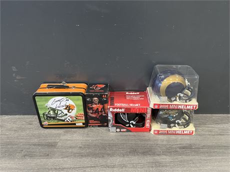 3 NFL MINI FOOTBALL HEMLETS + BC LIONS SIGNED LUNCH BOX & BOBBLE HEAD