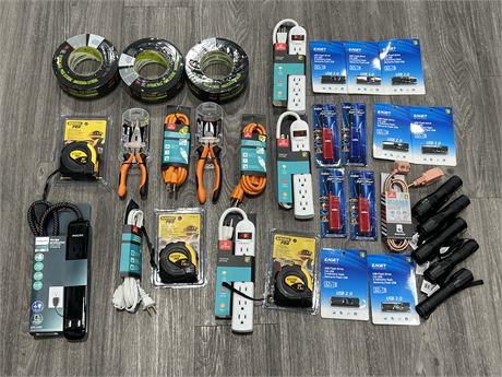 LOT OF NEW TOOLS, POWER STRIPS, ETC