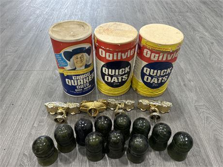 VINTAGE LOT - INSULATORS, QUAKER CONTAINERS & HEAVY BRASS TROPHY TOPPERS
