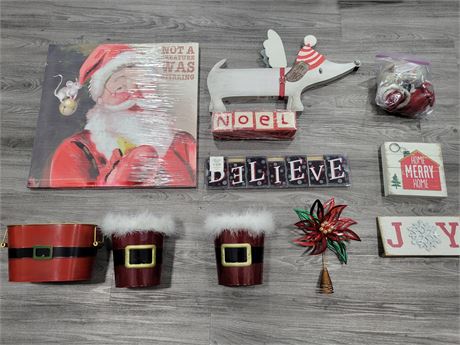 MISC CHRISTMAS LOT 3XMAS TINS, TREE TOPPER, SANTA CANVAS PICTURE AND OTHERS