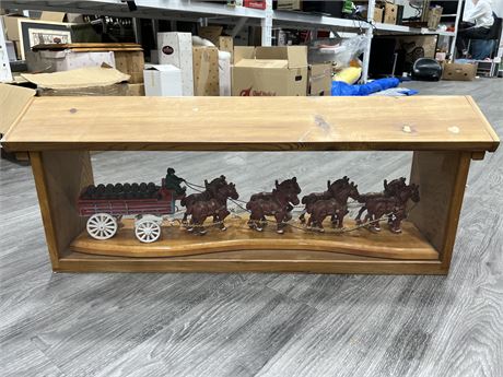 VINTAGE CAST IRON HORSE / CARTS COMPLETE W/DRIVER IN SHOWCASE (34” wide)