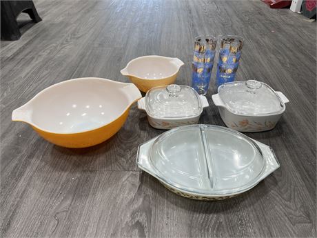 LOT OF VINTAGE PYREX, CORNING-WARE & MID CENTURY GLASSES