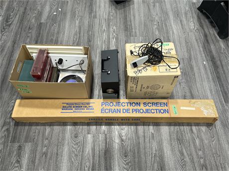 CRESTLINE R6 PROJECTOR W/ OG BOX + NEW PROJECTOR SCREEN & MISC TRAYS
