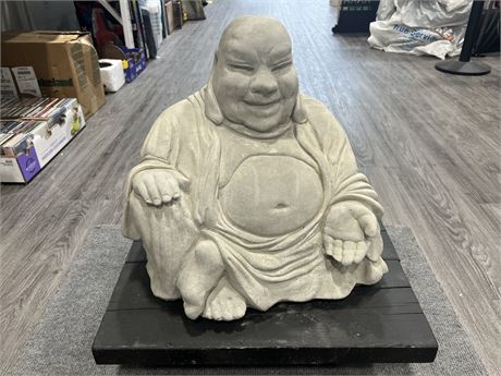LARGE STONE BUDDHA STATUE ON STAND (16” tall, 18” wide)