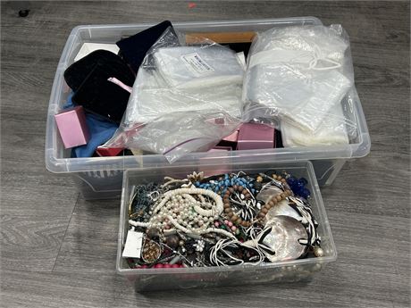 TOTE FULL OF JEWELRY BOXES/BAGS & TUB OF COSTUME JEWELRY
